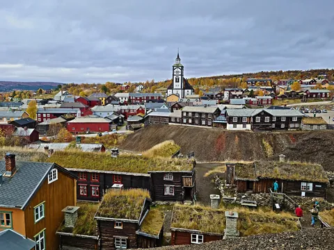 Wooden buildings and church in Røros, Norway