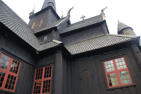 Timber stave church in Lom, Norway