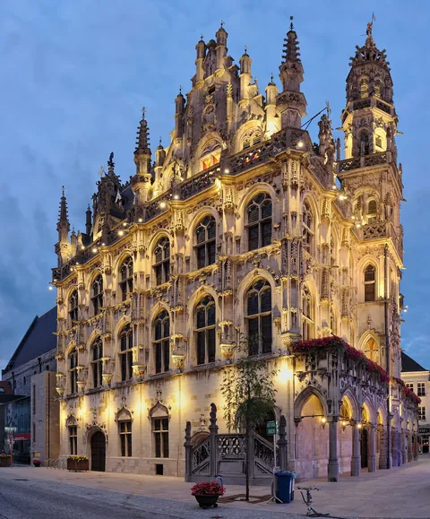 Illuminated town hall in Oudenaarde, Belgium
